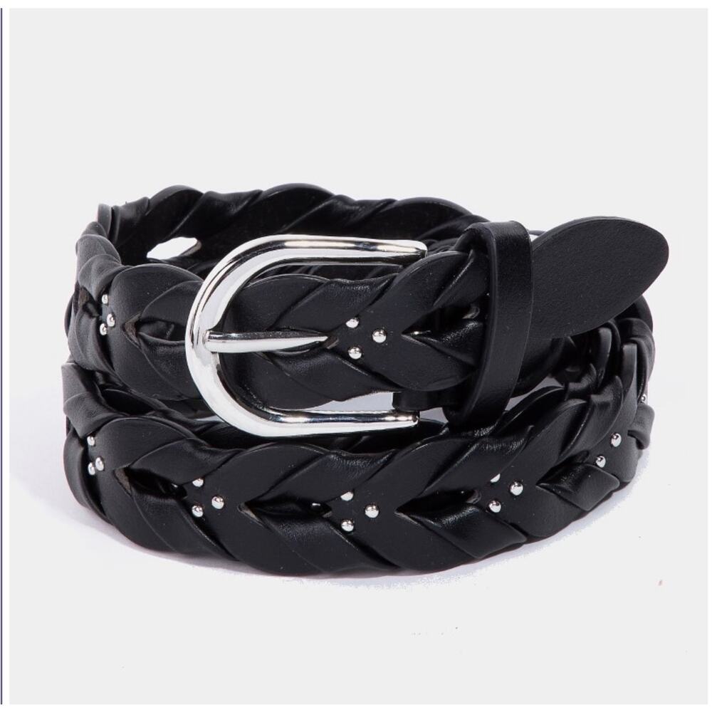 Black Pearl Chic Braided Vegan Leather Belt - 41"